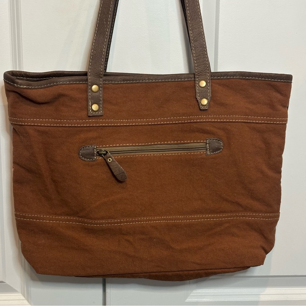 Myra Bag Brick Brown Leather Red Tan Embroidered Cotton Canvas Tote - Picture 6 of 11